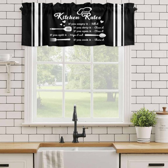 Kitchen Valances for Window, Kitchen Rules Black and White Light Filtering Rod Pocket Valance Curtain, Kitchens Utensils Appliances Short Curtains Window Topper for Bedroom 54x18in