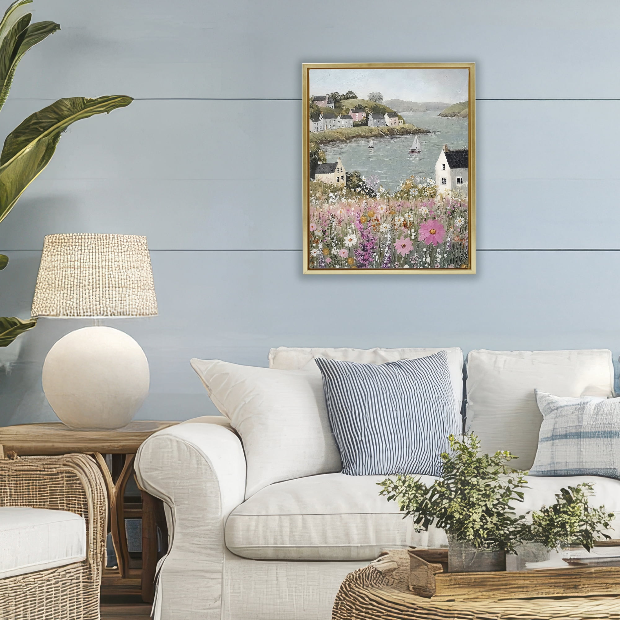 Stupell Industries Seaside Cottages & Sailboats Gold Framed Floater Canvas Wall Art, design by Riley B