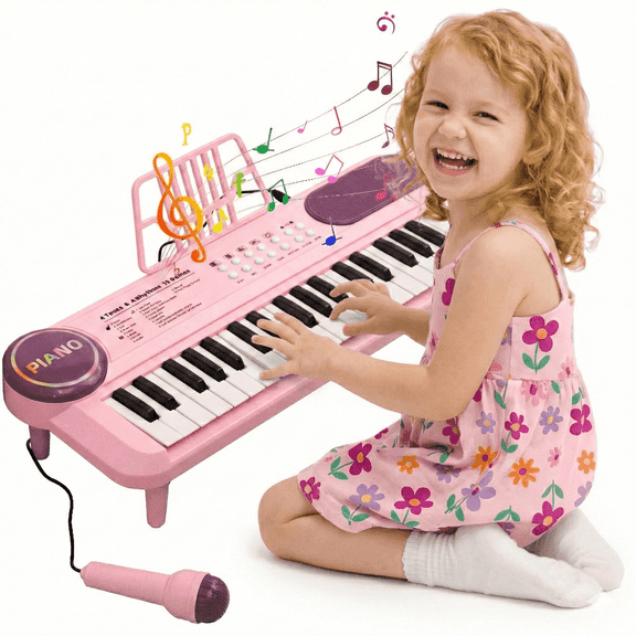 Ejoyoyin Toy Piano for Kids, 37 Keys Electronic Toddler Piano Keyboard Musical Toys for Beginner with Microphone & Stand, Portable Musical Gift, Pink