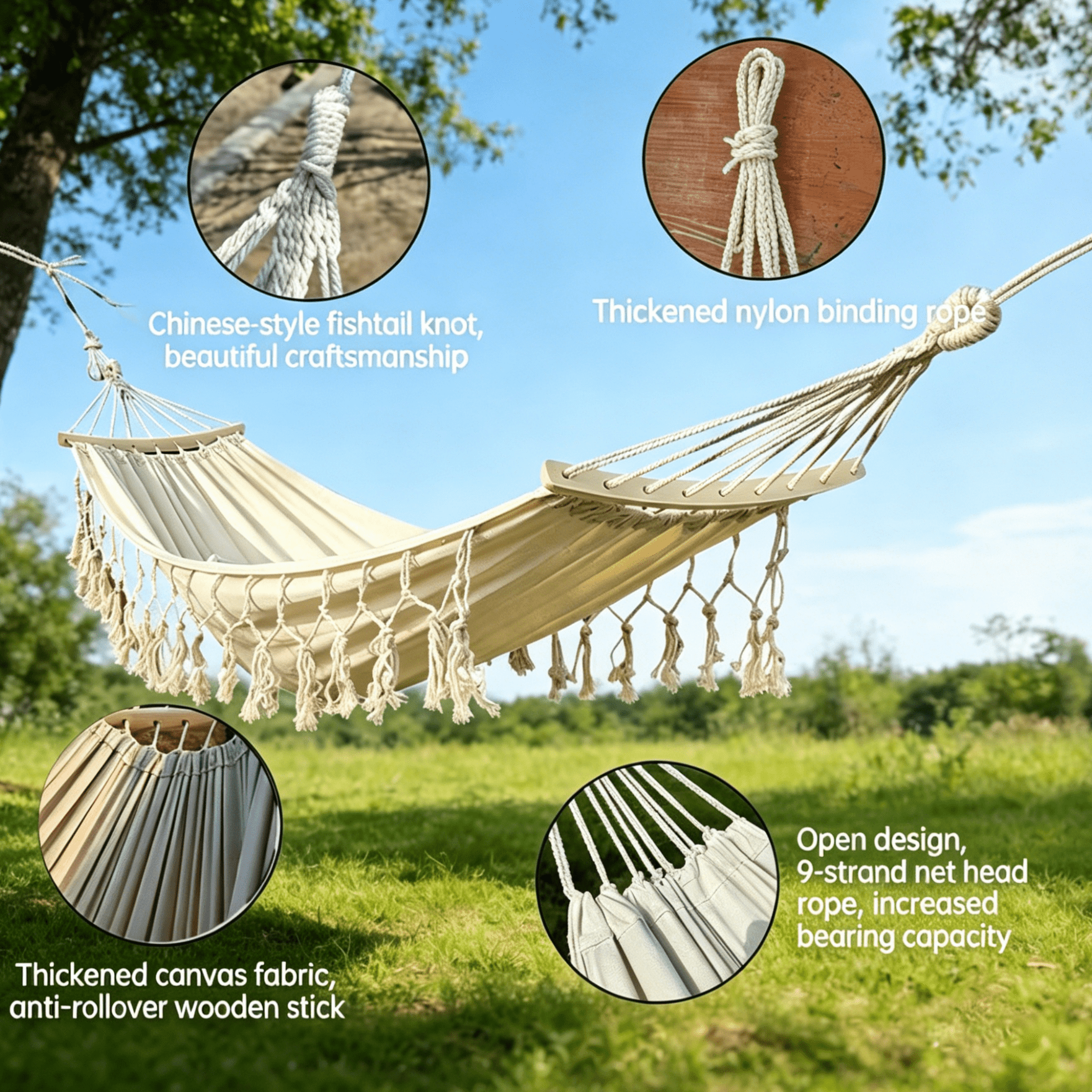 Oaskys Bohemian Style Hammock with Tassels – Handmade Rope Hammock with Wooden Spreader Bars, Heavy Duty Hanging Hammock for Outdoor Garden, Patio and Backyard