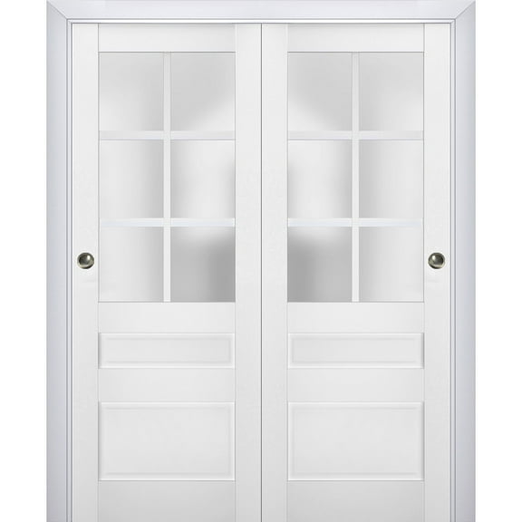 Sliding Closet Bypass Doors with Frosted Glass | Veregio 7339 White Silk | Sturdy Rails Moldings Trims Hardware Set | Wood Solid Bedroom Wardrobe Doors -36" x 84" (2* 18x84)