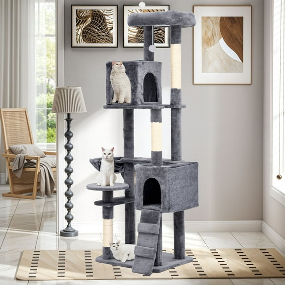 Uforic 70.8" Cat Tree Tower for Indoor Cats,Multi Level Play Tower Condo  with Scratching Posts&Cozy Basket, Light Gray