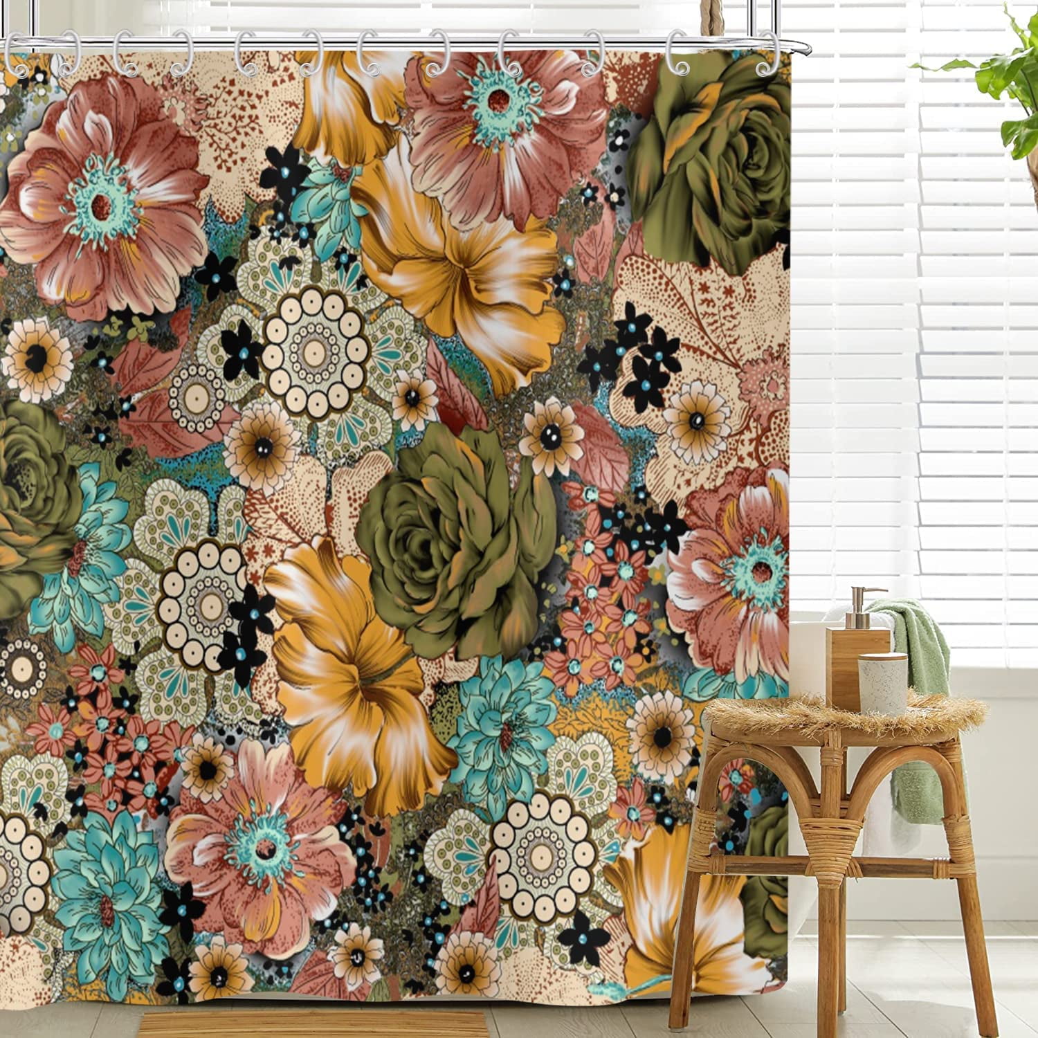 Boho Floral Shower Curtain (72" x 84"), Retro Colorful Paisley Mandala
