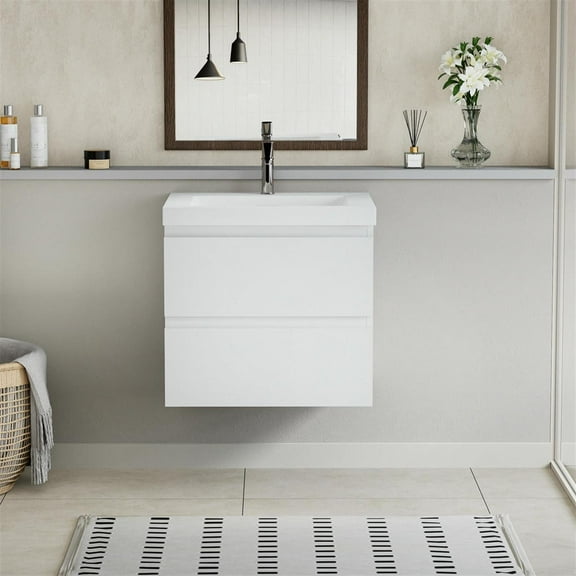 Demi Bonn 24" Floating Bathroom Vanity with Sink, Resin Top Basin and 2 Soft Close Drawers, Faucets and Drains Not Included, White