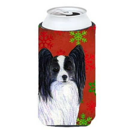 

Papillon Red And Green Snowflakes Holiday Christmas Tall Boy bottle sleeve Hugger - 22 To 24 oz.