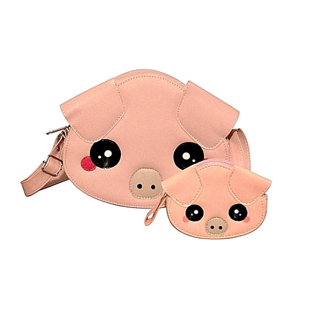 SET de 2 Piezas: BOLSA y MONEDERO en forma de PUERQUITO, Diseño de Animalitos, CERDITO, COCHINITO, Color Rosa, Moda Kawaii, Novedoso y Encantador.