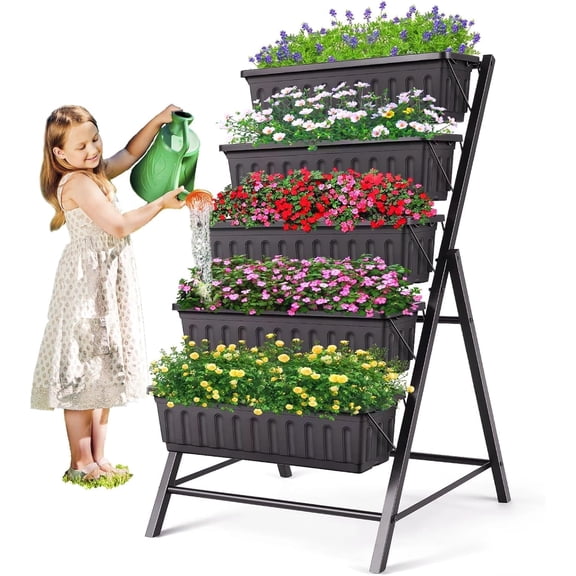 Vertical Raised Garden Bed Planter Box,5 Tiers Vertical Garden Planter with Drainage System & 4 Hooks for Herb Vegetables Flowers, Brick Black