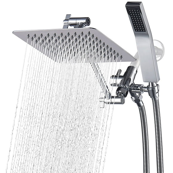 G-Promise All Metal Dual Square Shower Head Combo | 8" Rain Shower Head | Handheld Shower Wand with 71" Extra Long Flexible Hose | Smooth 3-Way Diverter | Adjustable Extension Arm - A Bathroom Upgrade