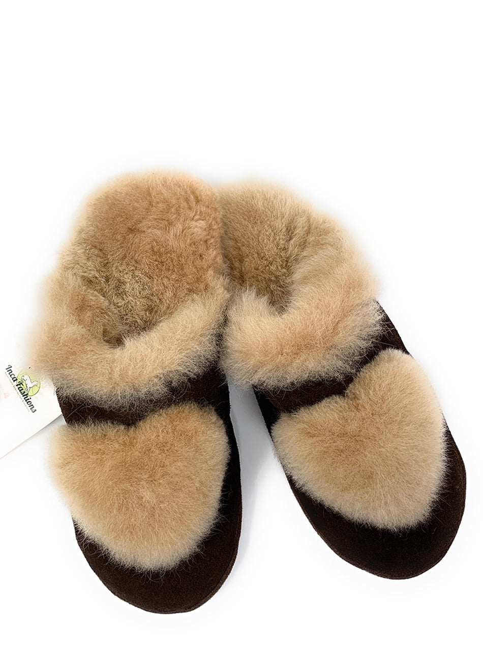 Inca Fashions - Slip-On Fluffy Heart Alpaca Wool Slippers for Women, Women's, Size: Large, Brown