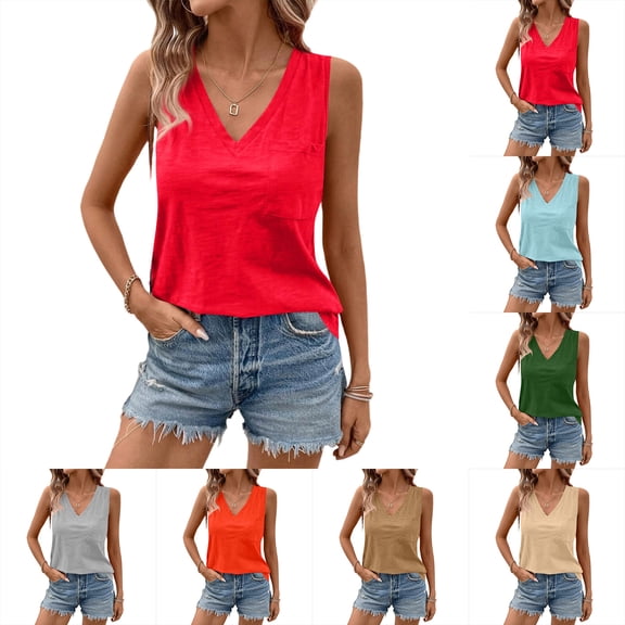 Womens Tops Summer Solid Color Sleeveless Shirts Casual V Neck Tank Tops Tunic Casual Basic Shirts True Classic Tees Cute Trendy Plain Clothes Summer Loose Fit Clothes Womens Tops 2026 Camel L