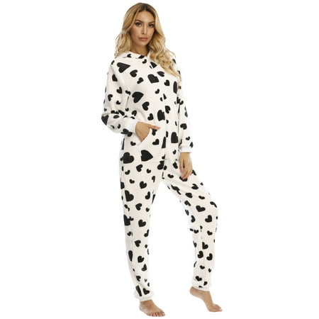 

Women Flannel Jumpsuit Pajama Soft Warm Heart Hooded Sleepwear