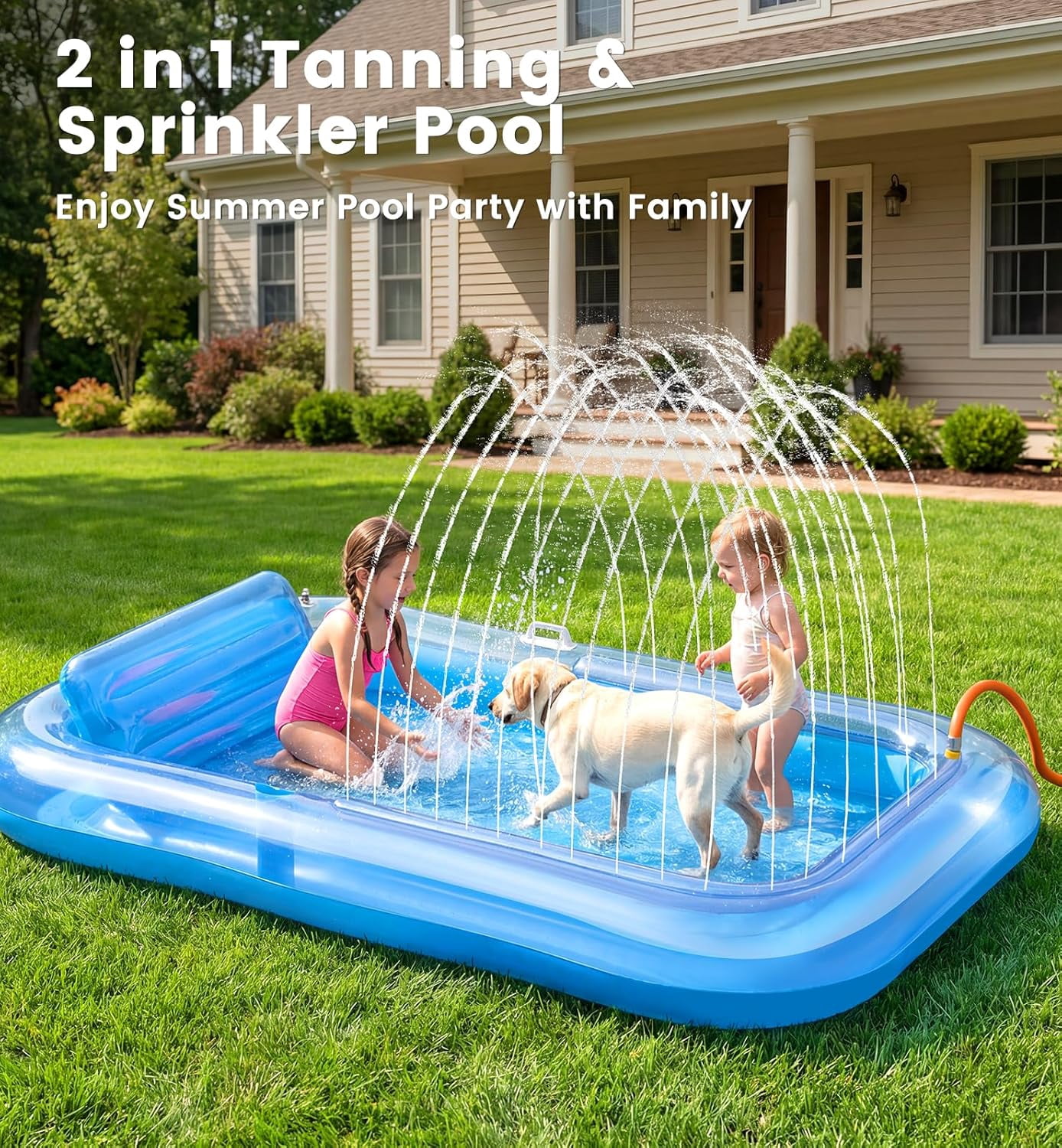 Inflatable Tanning Pool Lounger Float with Sprinkler, 77" x 48" Pool Floats Adult with Pillow, 6 in 1 Suntan Tub Raft Floatie with Drink Holder Sunbathing Water Lounge L