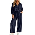 thumbnail image 2 of BRELIL Women's Two Piece Outfits Sets Collared Long Sleeve Shirt Wide Leg Pants Casual Lounge Matching Set Solid Boho Vacation Travel Tracksuit, Navy 2XL, 2 of 6