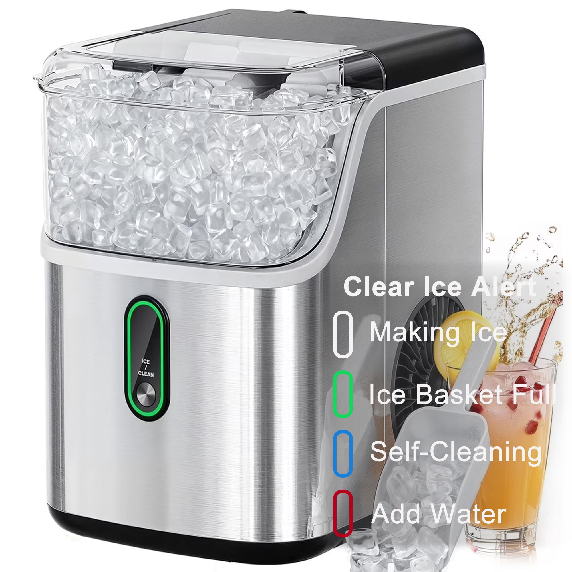 Philergo 35lbs/24H Nugget Ice Maker Countertops with LED Indicator, Portable Chewable Pebble Ice Machine with Self-Cleaning, Crushed Sonic Ice for Hmoe, Kitchen, RV, Stainless Steel