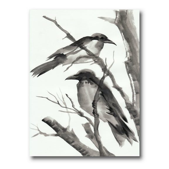 Designart ' Vintage Black and White Sleeping Crows ' Traditional Canvas Wall Art Print