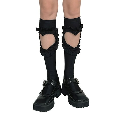 

Japanese Women Gothic Hollow Out Love Heart Calf Socks Harajuku Lolita Ruffled Patchwork Solid Color Student Tight Knee High Stockings