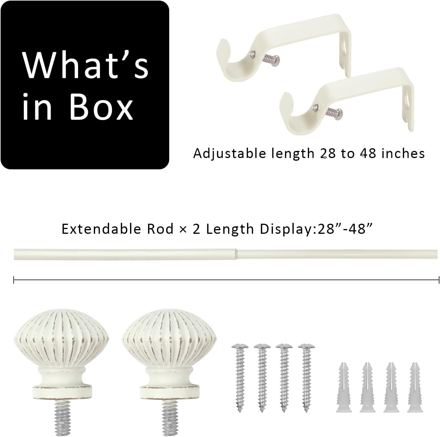 eTeckram 5/8" Single Curtain Rod with Bateau Finials,Weathered White,28‘’-48‘’