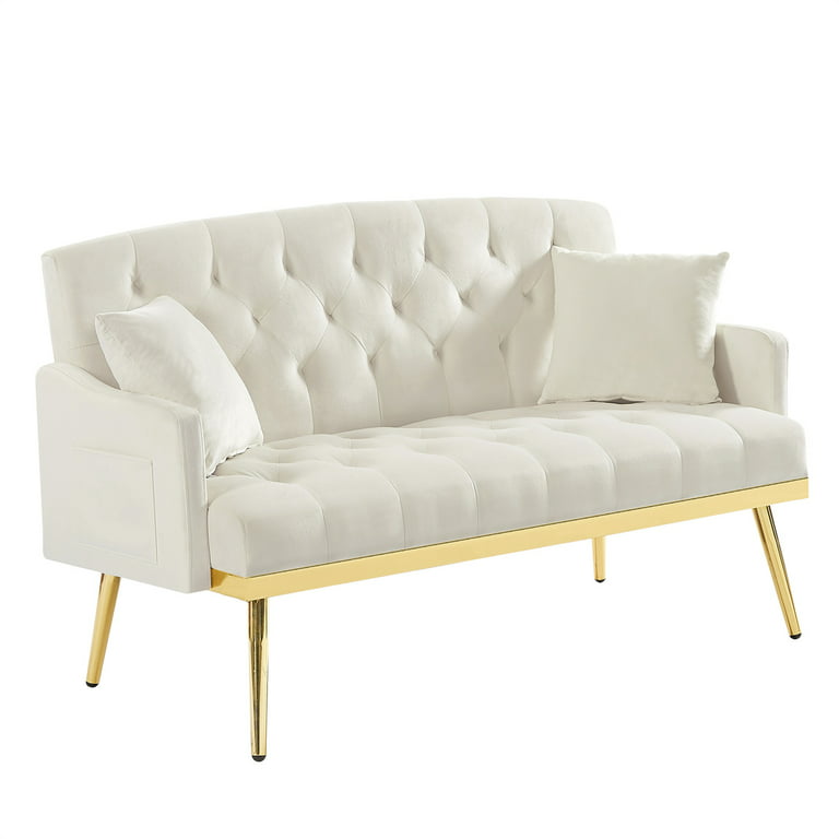 60 Velvet Loveseat Modern Comfy Loveseat Sofa Couch with Pillows and Gold Metal Legs iYofe Fabric: Beige Velvet