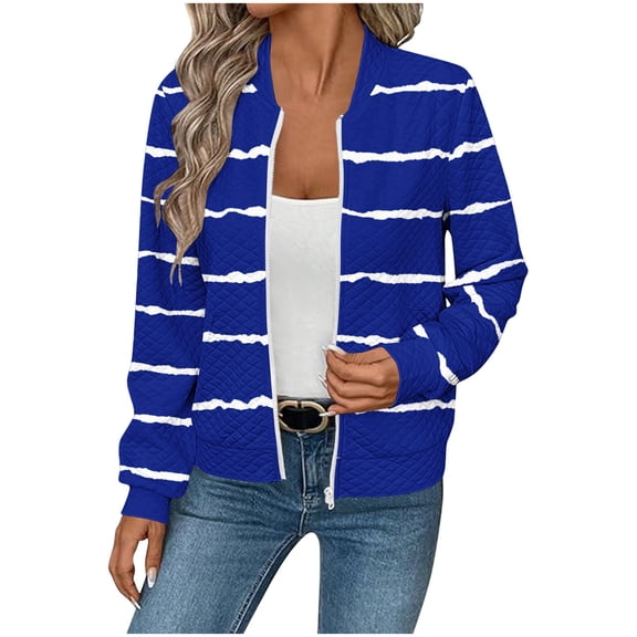 Uaswgudfs Women's Navy Striped Waffle Knit Jacket, Fall Winter Zip-Up Long Sleeve No-Hood Casual Coat with Pockets - Trendy Outerwear Blue L