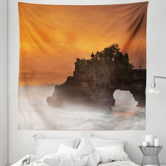 Balinese Tapestry, Building Pura Tanah Lot Bali Indonesia Romantic Sunset Exotic Holidays, Fabric Wall Hanging Decor for Bedroom Living Room Dorm, 5 Sizes, Orange Brown, by Ambesonne