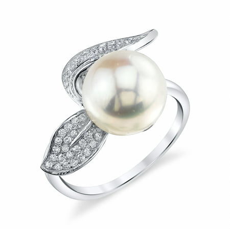 10 Mm Pearl Ring - 10mm White Freshwater Cultured Pearl & Crystal Leaf Ring