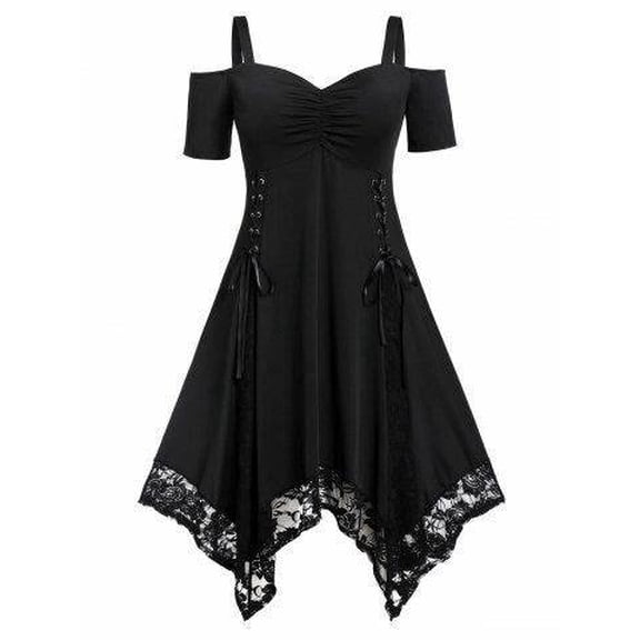 Women's Black Off-the-Shoulder Lace Trim Cocktail Dress, Sweetheart Neck Cold Shoulder Handkerchief Hem Party Dress
