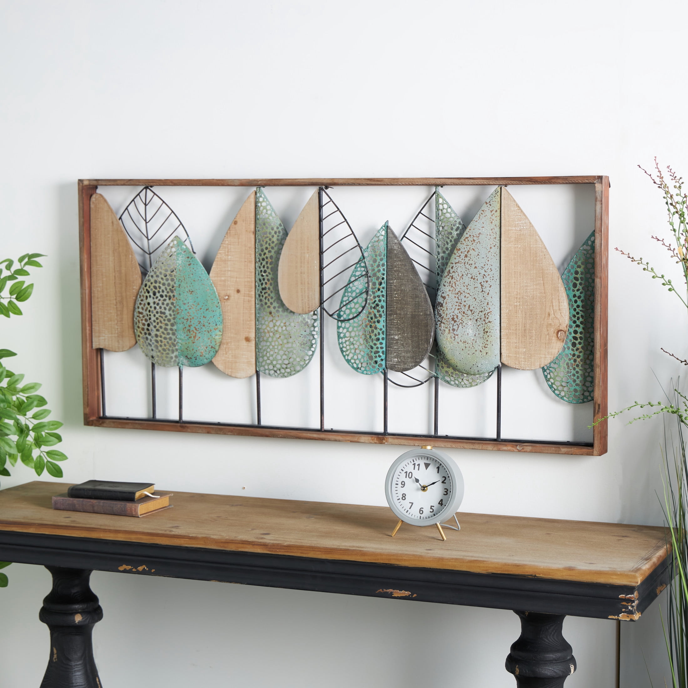 DecMode Brown Wood Cutout Leaf Wall Decor with Green and Black Metal Wire Accents