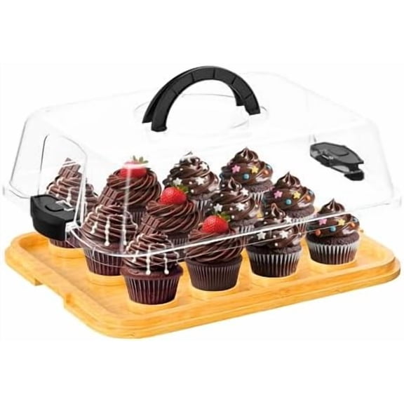 Reusable Bamboo Cupcake Storage for Birthday Holiday Party Bakery Supplies Containers Portable 12 Standard-Size Cupcakes with Heightened Transparent Lid & Carry Handle