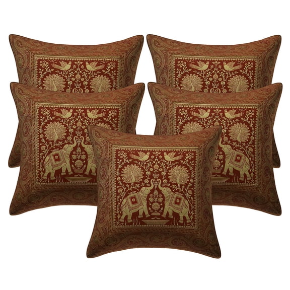 Stylo Culture Indian Settee Sofa Throw Pillow Covers 16 x 16 Jacquard Peacock Rust Square 40x40 cm Home Decor Brocade Elephant Zippered Cushion Covers | Set Of 5