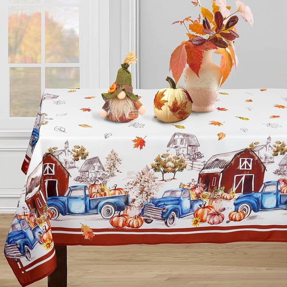 Fall Thanksgiving Tablecloth, Autumn Pumpkin Truck Table Cloth, Maple Leaf Harvest Tablecloths, Waterproof Spillproof Table Cover for Dinner Kitchen Party Holiday Decorations, Rectangle 60 x 120 Inch