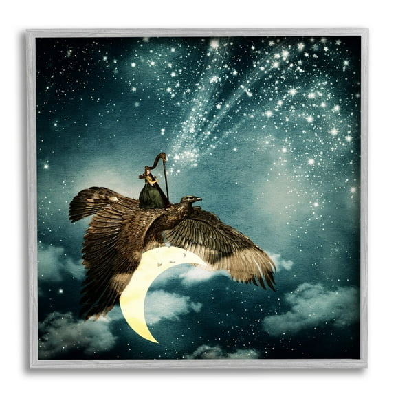 Stupell Industries Dreamy Surreal Bird Flying Moon Harp Galaxy Stars Framed Wall Art, 12 x 12, Design by Paula Belle Flores
