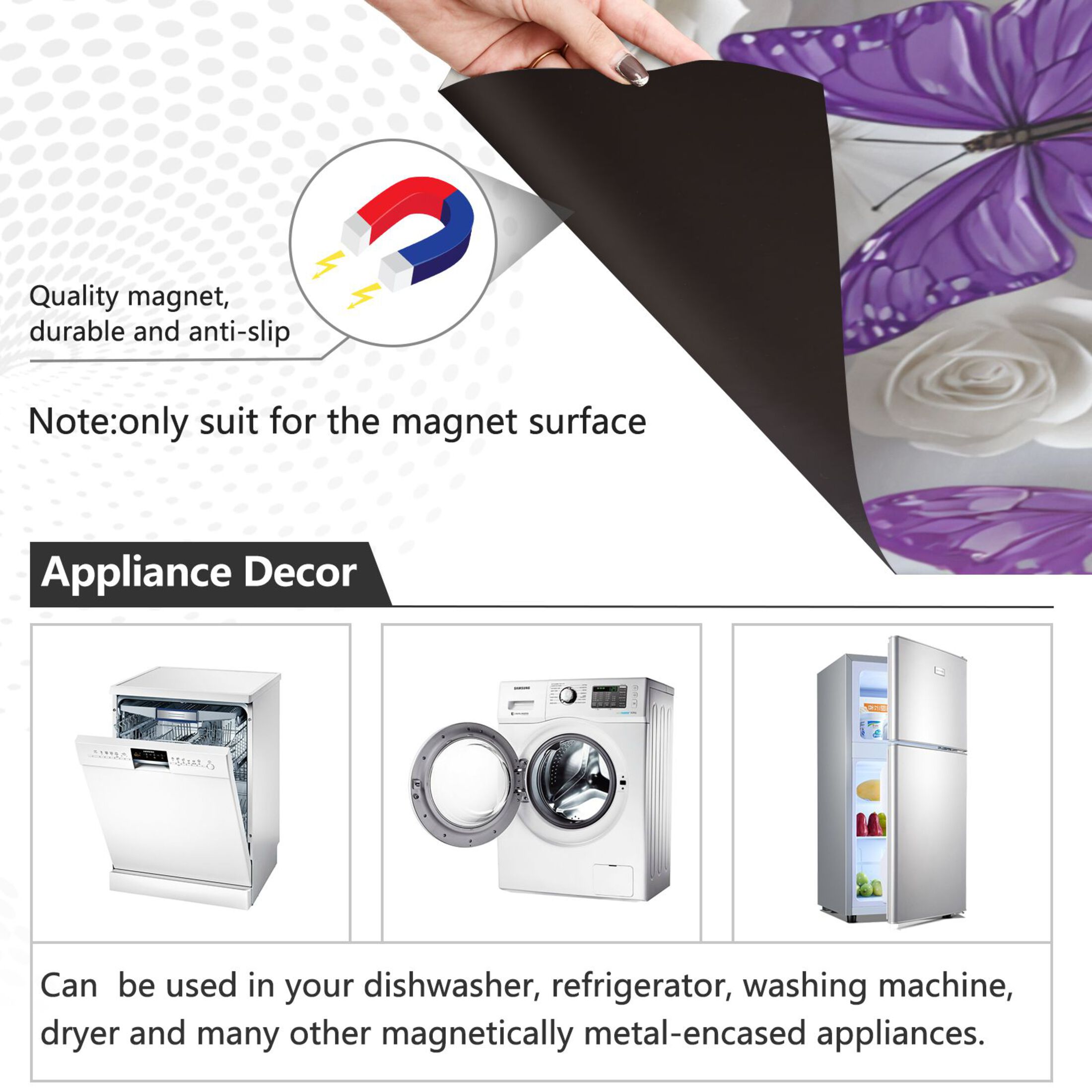 Dishwasher Magnetic Refrigerator Magnet Cover Sticker Home Decorative 23"x26" Purple Butterflies and White Roses
