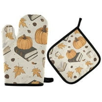 Yayeee Oven Mitts and Pot Holder Set of 2 Heat Resistant Kitchen Gloves Baking Hot Pad, Beige Fall Books