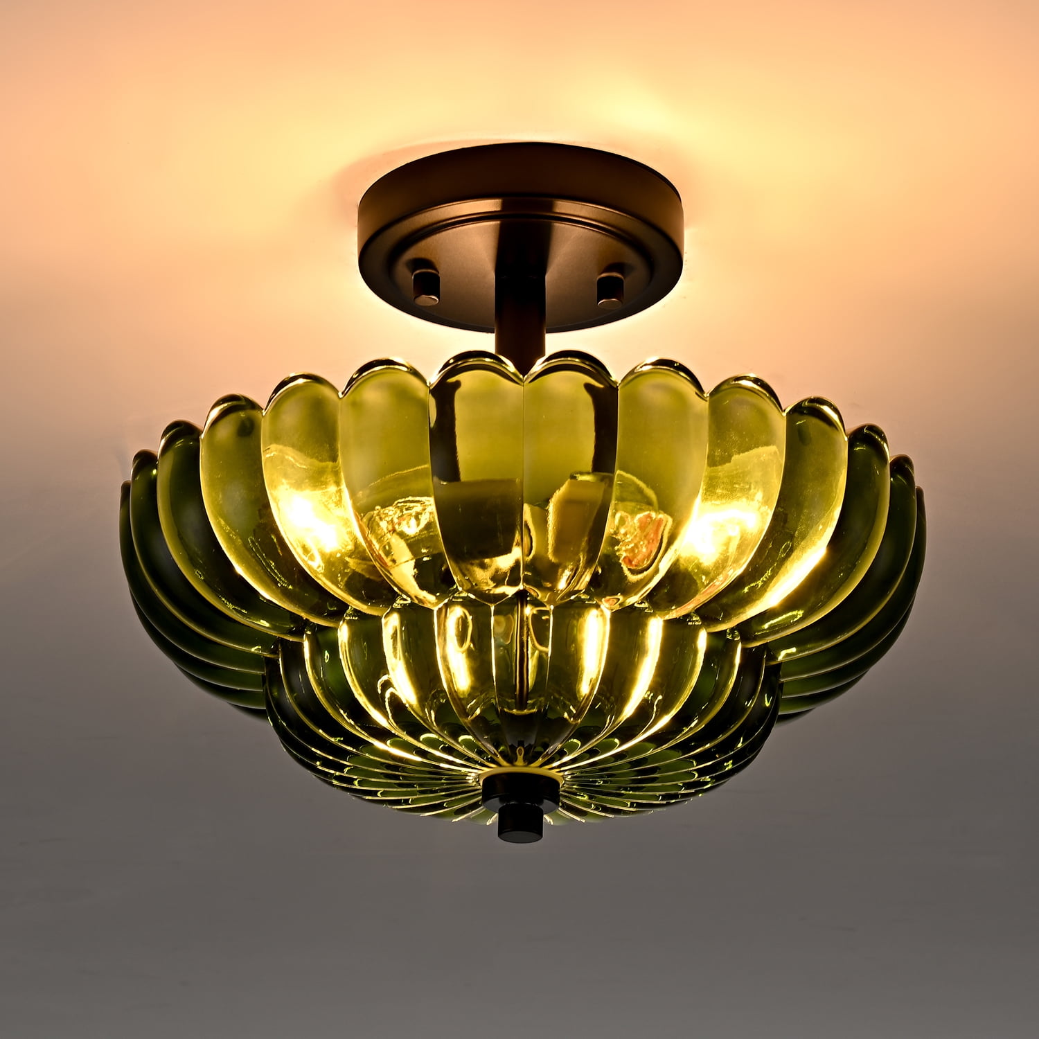 Como 3-Light Modern Black Semi Flush Mount Ceiling Light with Scalloped Green Glass Shade
