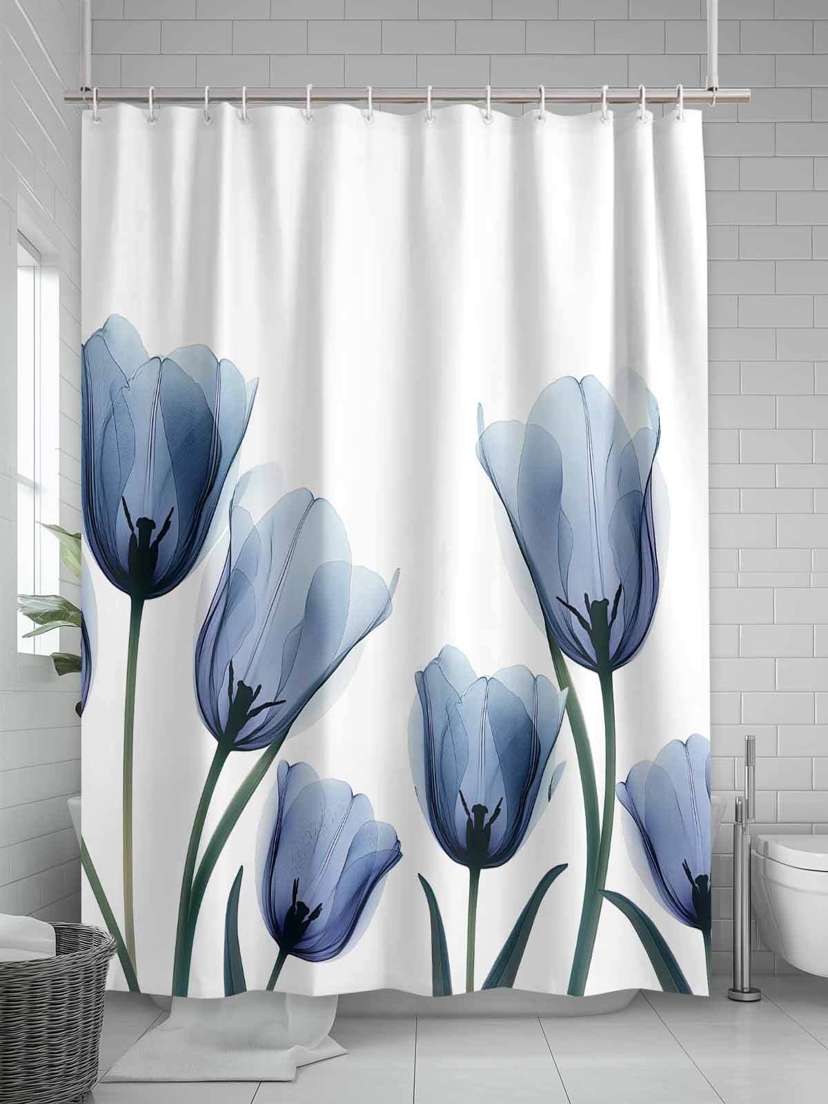 Blue Spring Floral Shower Curtain Set, Waterproof Shower Curtains for Bathroom, Tulip Blooming Summer Botanical Washable Fabric Cloth Bath Curtain for Bathtub Decoration with Hooks 48x72 Inches