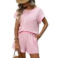 thumbnail image 4 of Roncen 2 Piece Sets for Women Summer Outfits Cute Stripe Knit T Shirts Shorts Matching Lounge Set, 4 of 9