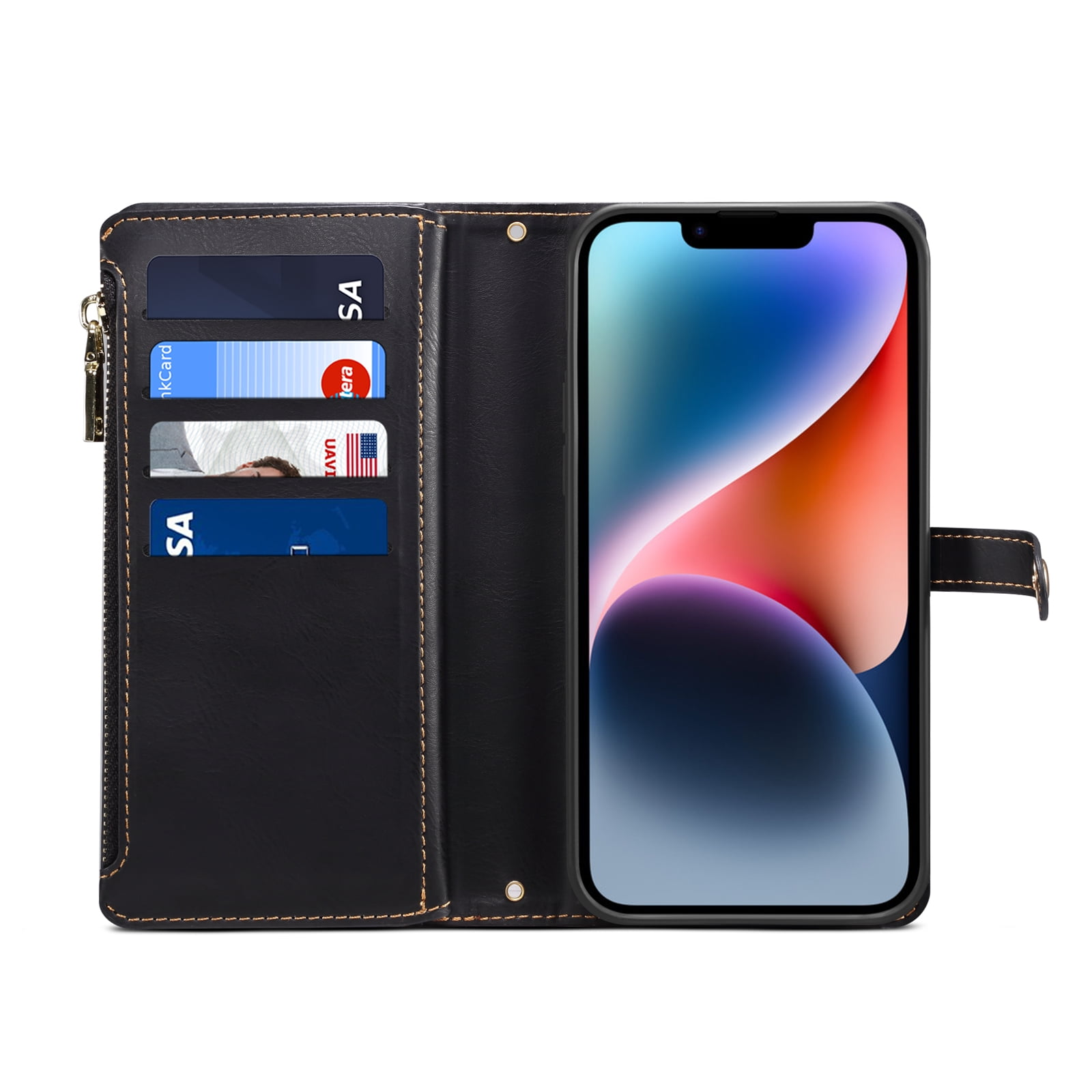 Dteck Wallet Case for iPhone 13 6.1 Inch, Leaf Pattern Luxury PU Leather RFID Blocking Card Slots Holder Zipper Pocket Flip Case with Kickstand Magnetic Crossbody Strap Phone Cover,Black