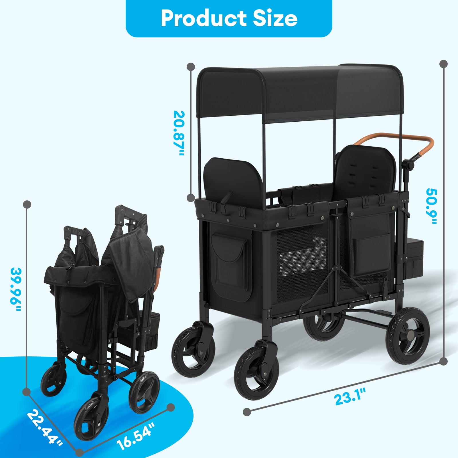 TABU Stroller Wagon for 2 Kids,2 Seater Stroller Wagon with Adjustable Handles,5-Point Harnesses,Black