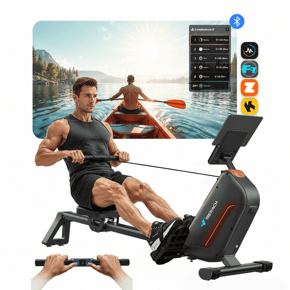 MERACH Self-Generating Electromagnetic Rowing Machine 16-Level Magnetic Resistance, Bluetooth Connectivity, Compact Design for Home Use