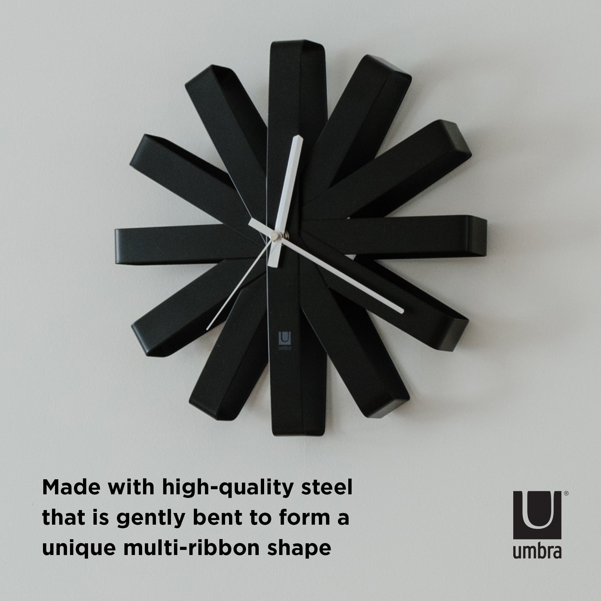 Umbra Ribbon Modern Metal Wall Clock Silent Analog Battery Operated Quartz Movement Black