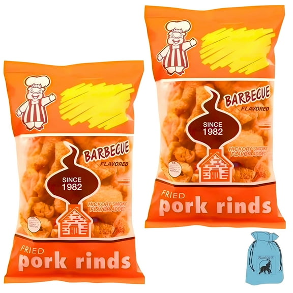 2-Pack Fried Barbecue Pork Rinds, 2.6 oz Bag Hickory Smoked Flavor Crunchy Savory Chips Protein-Packed Party Gourmet Snack