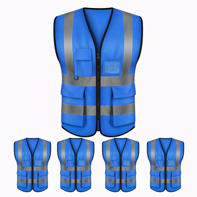 TOPTIE 5 Packs White Safety Vest, Incident Command Vest with 5 Pockets and High Visibility 2" Reflective Strips-Blue-M