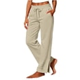 thumbnail image 3 of HomeDM Women's Wide Leg Sweatpants with Pockets Side Slit Hem Baggy Lounge Pants Beige Drawstring Waist Travel Joggers Size L, 3 of 7