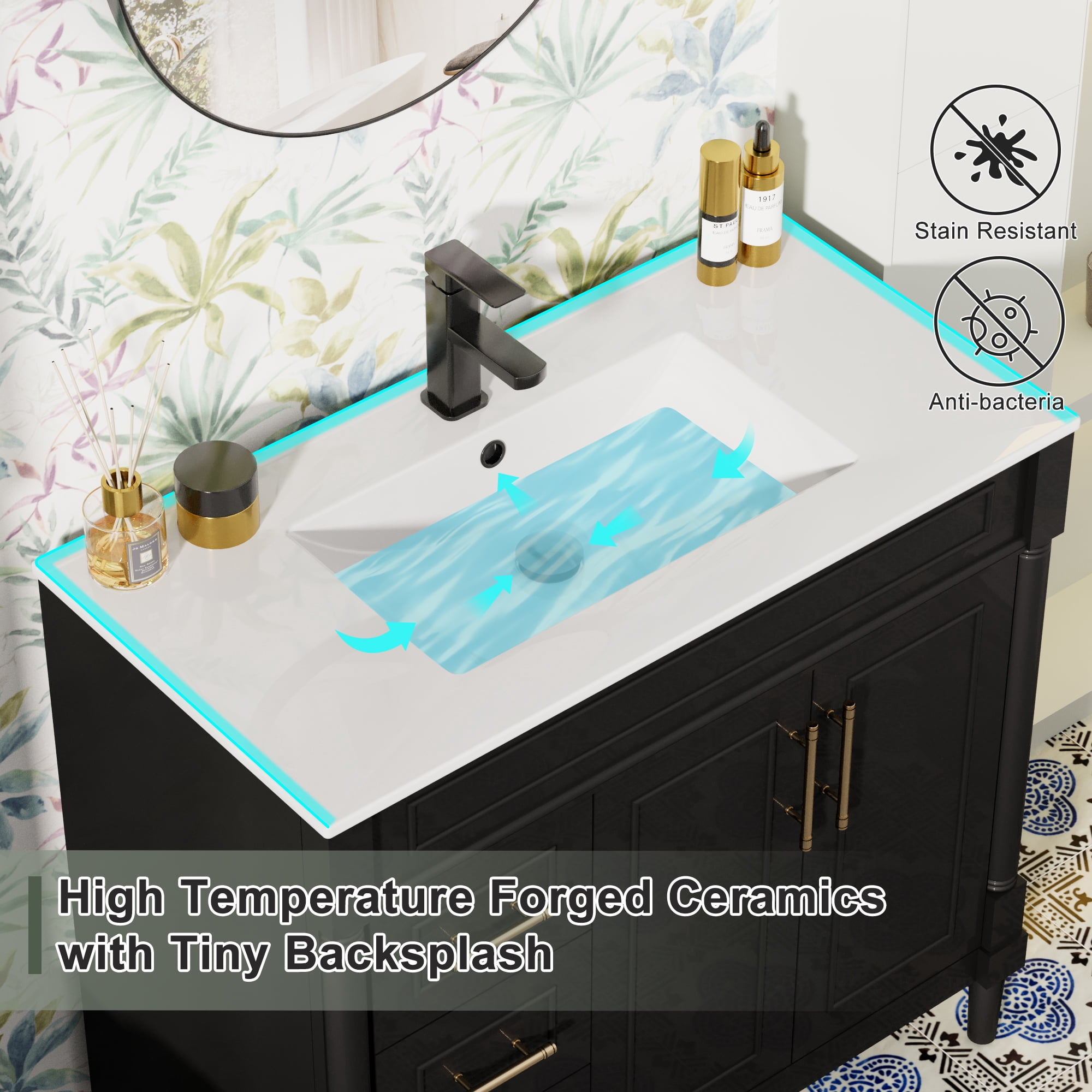 36" Freestanding Bathroom Vanity with Ceramic Sink Top, Zinc Alloy Faucet, Classic Tapered legs