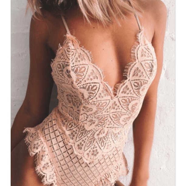VISgogo Lencería de peluche para mujer, Body de una pieza Babydoll, Ropa de dormir con escote en V profundo y elástico hueco de encaje, Ropa de dormir sexy con tirantes VISgogo moda