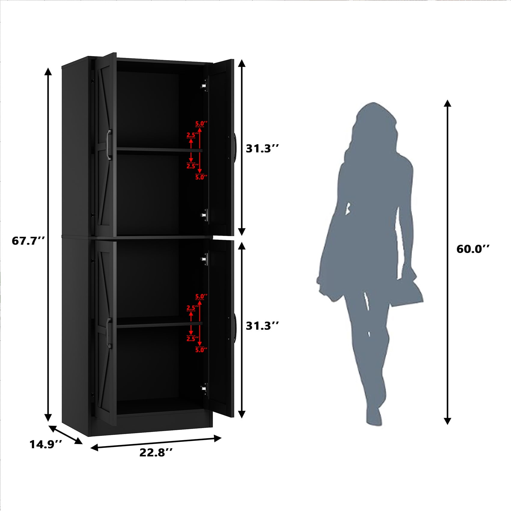 BOCVKENN Kitchen Pantry Cabinet, 67.7" Tall Wood Storage Cabinet with 4 Doors and Shelves Freestanding Cupboard for Dining Room Living Room Bathroom,Black