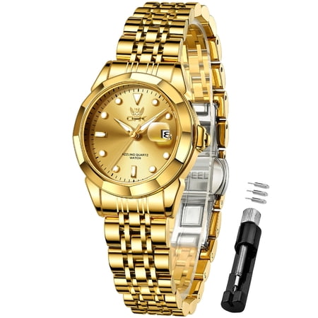 OPK Watches for Women Stainless Steel Fashion Dress Luxury Big Large Face Waterproof Quartz Analog Female Watches with Date Ladies Watch Reloj para Mujer (Gold/Blue/Black Dial)
