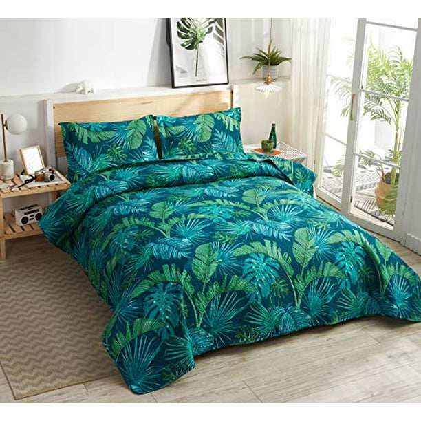 Smuge 3pcs Tropical Thick Green Palm, Twin Size Beach Themed Bedding