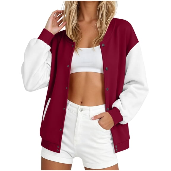 NominalSnug Bomber Jacket for Women Casual Button down Long Sleeve Jackets Colorblock Lightweight Outwear Coat 2026 Fashion Outfits