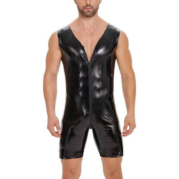 Men Shiny Leather Bodysuit, Sexy Zipper Open Crotch, Latex Leotard Crotchless